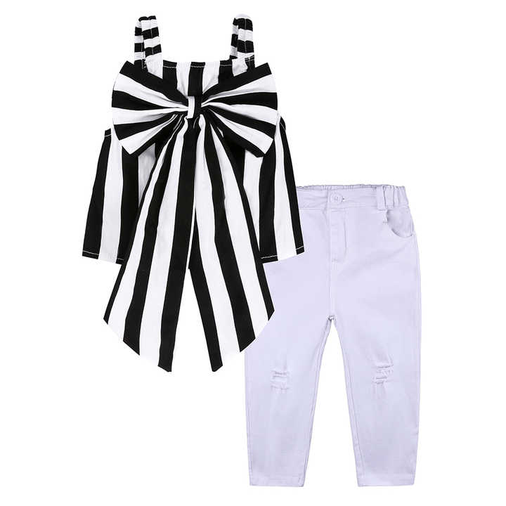 Girls Summer Clothes Big Bow Striped Sleeveless Top + Ripped Pants Wholesale Kids Clothing 