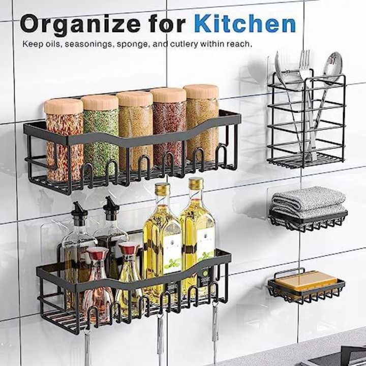 5 Piece Set Wall Mounted Bathroom Shelf Black Iron Bathroom Shower Shelves Kitchen Self Adhesive Metal Storage Rack