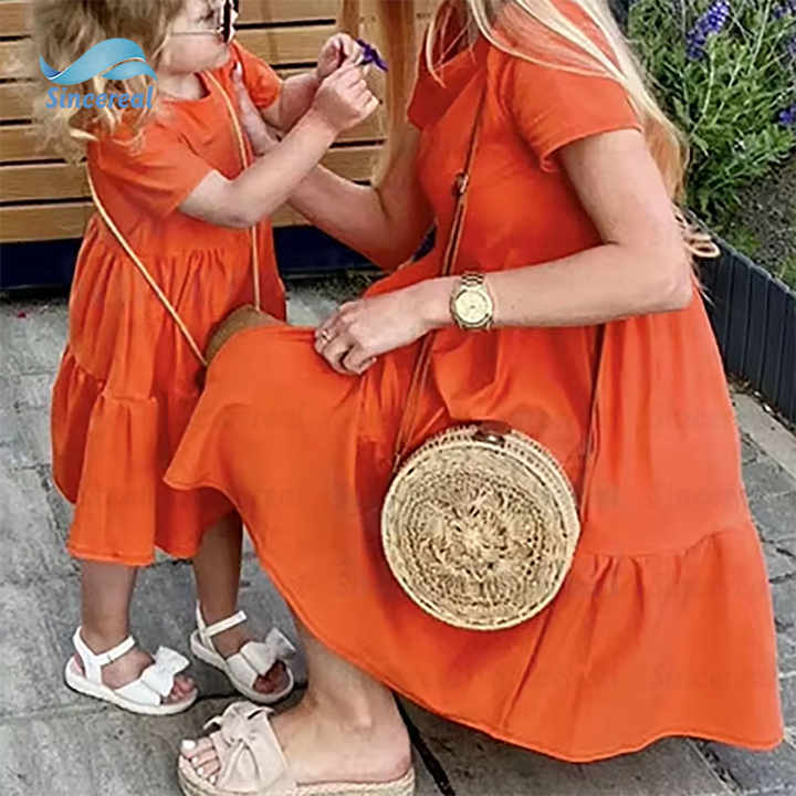 Custom Comfortable Stretch Elegant Summer One Piece Skirt Mother and Daughter Cotton Linen Family Matching Dress 