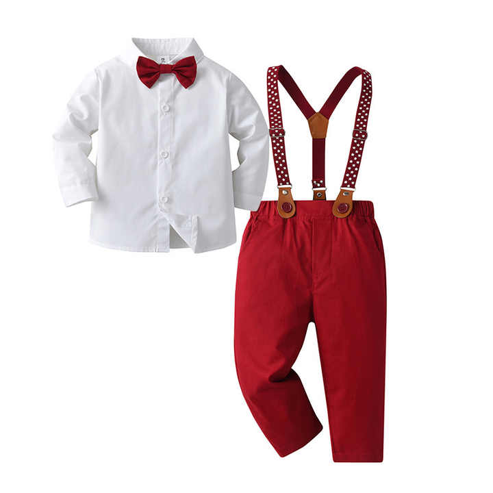 New Fashion Boys Kids Shirt + Pants 2 Piece Set Long Sleeve Suspender Trousers Children's Button Gentleman 