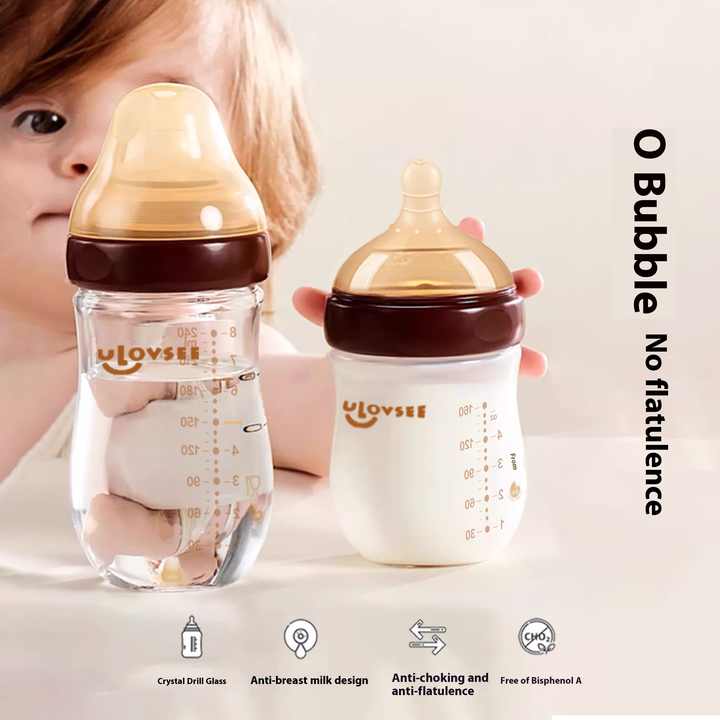 Glass bottle for children anti -flatulence to breastfeed a wide neck. A newborn bottle for newborn anti -colic supports supplementary supplies. 