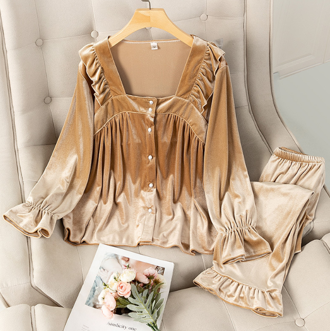 Women's Golden Velvet Pajamas - Spring and Autumn Pajamas 