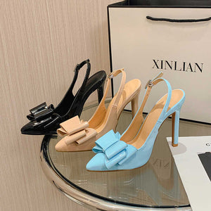 كعب نسائي رفيع جديدة مدببة مع عقدة فيونكة