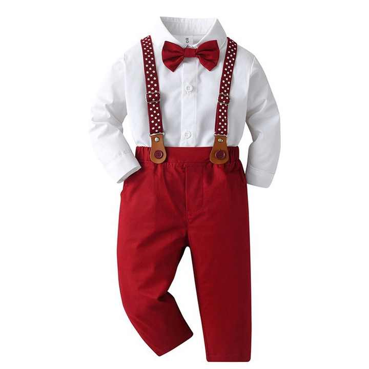 New Fashion Boys Kids Shirt + Pants 2 Piece Set Long Sleeve Suspender Trousers Children's Button Gentleman 