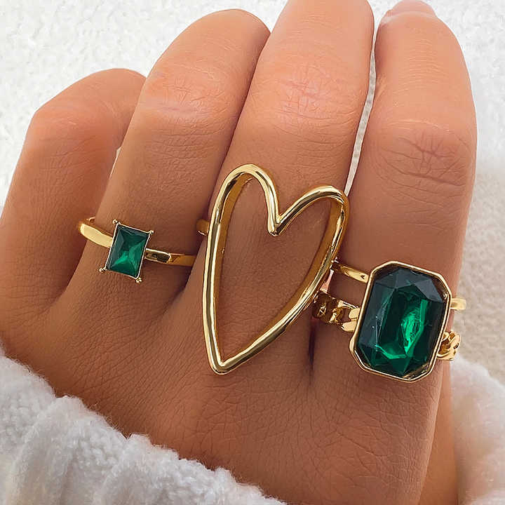 Fashion Green Stone Butterfly Snake Ring Set 