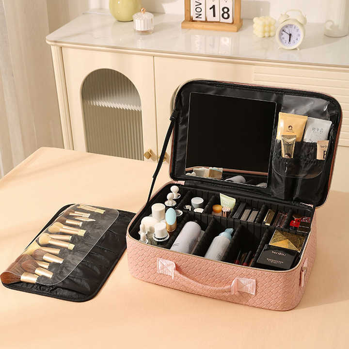 Large Capacity PU Leather Makeup Storage Bag Essential Travel Makeup Bag 