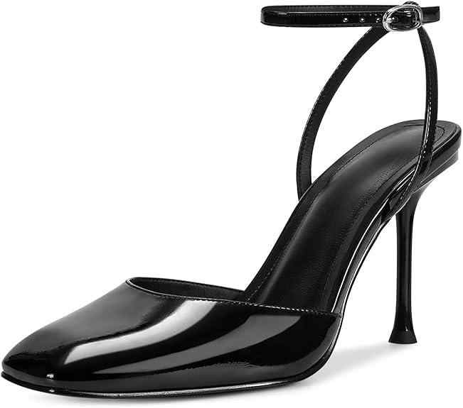 Women's patent leather high heel ankle strap pumps with custom logo design