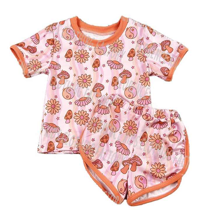 أطقم ملابس بناتي طفلة صيفي رسمية  DH ODM Cute Bamboo Mushroom Print Summer