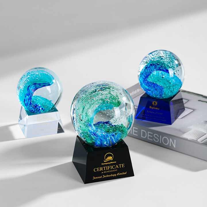Award Souvenir for Decor for Love Theme Craft Trophies Crystal Glass Wave Ball Trophy 
