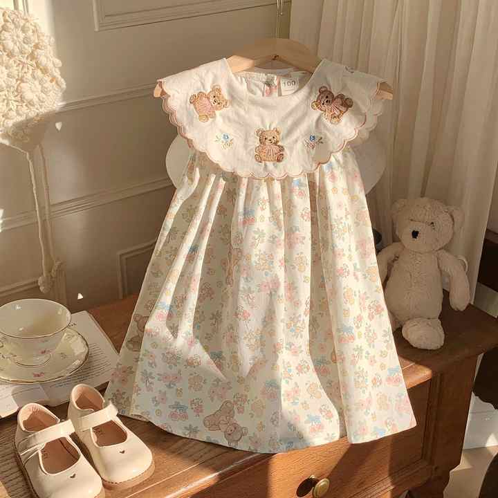 Summer Children's Floral Vest Skirt Girl Clothes- Girls Embroidered Bear Collar Dress 
