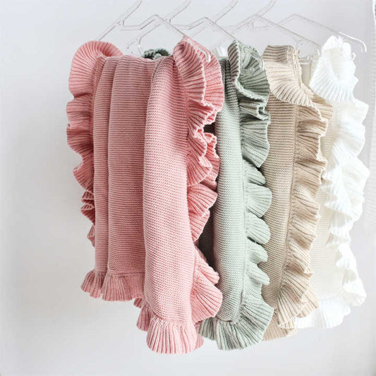 بطانية أطفال قطنية محبوكة من الدانتيل الدافئ الناعم مع بطانية لحضانة حديثي الولادة بكشكشة Soft Warm Lace Knitted Cotton Baby Blanket with Ruffle Newborn Nursery Blanket