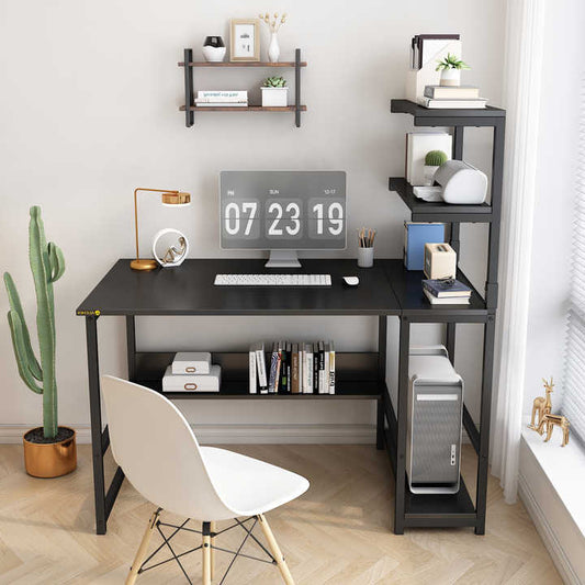 YQ Forever Home Office Wooden Dresser Study Writing Desk Black Computer Table Desks with Bookshelf 