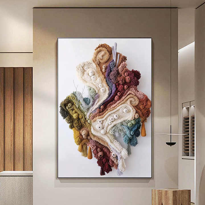 Modern Home Decor Mixed Media Artwork Coral Reef 3D Painting Wall Art Framed Crochet Blanket Tapestries Wall Decoration 
