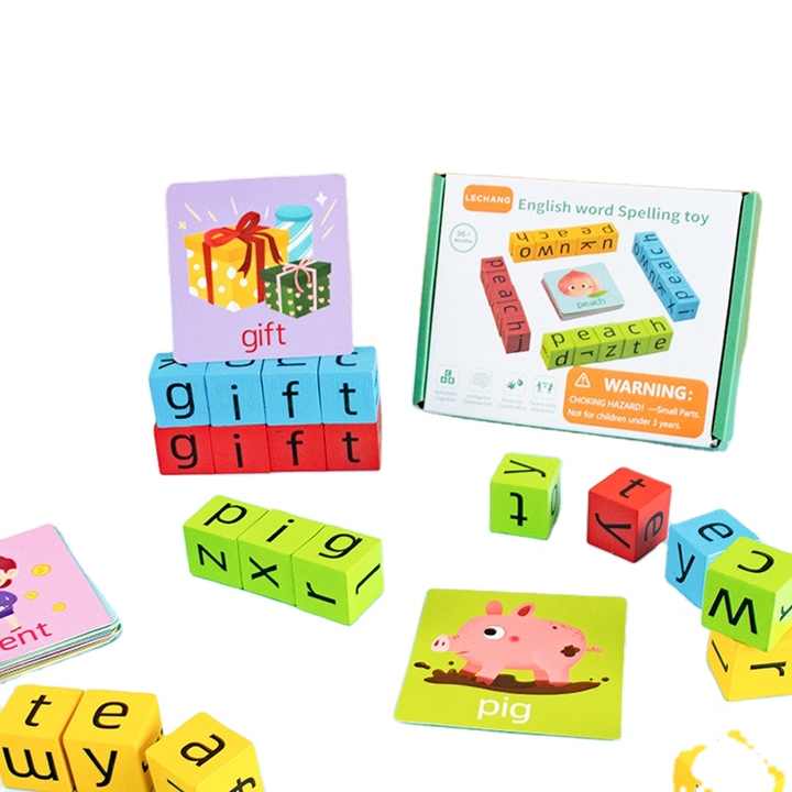 مكعبات بناء الحروف الخشبية، ألعاب تهجئة، أبجدية  Wooden Letter Building Blocks, Spelling Toys, English