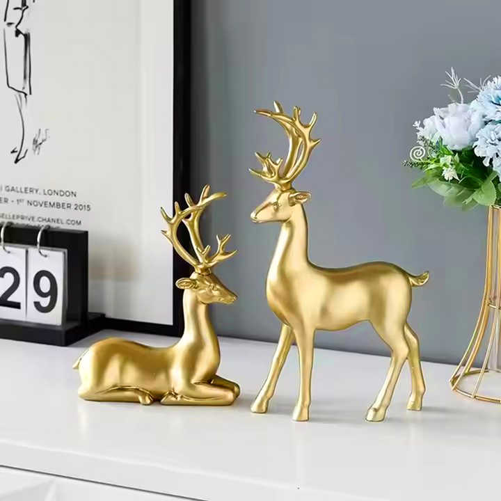 Custom Nordic Modern Luxury Resin Animal Crafts Art Set Golden Deer Statue Home Decor 