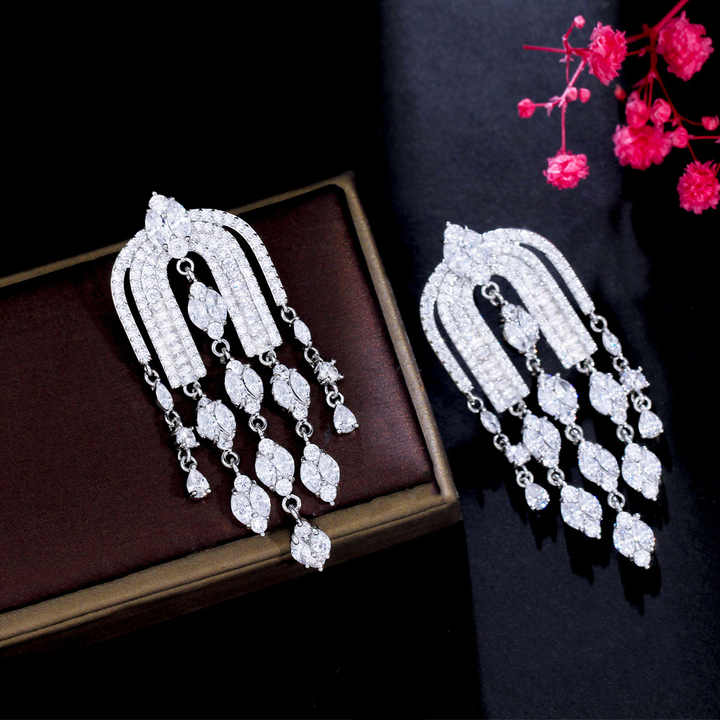 Luxury long beaded wedding earrings