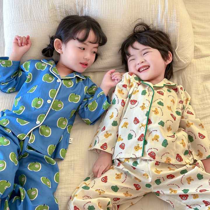 Children's Homewear Lovely Loose Sleepwear 2 Sets Breathable Cotton Long Sleeve Pajamas for Kids OEM 