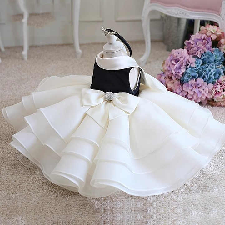 Solid White Bows Sleeveless Kids Evening Dress 