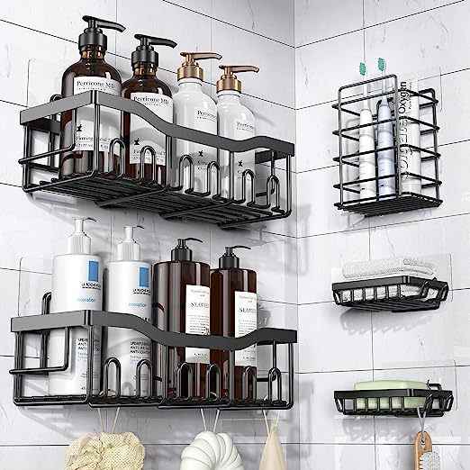 5 Piece Set Wall Mounted Bathroom Shelf Black Iron Bathroom Shower Shelves Kitchen Self Adhesive Metal Storage Rack