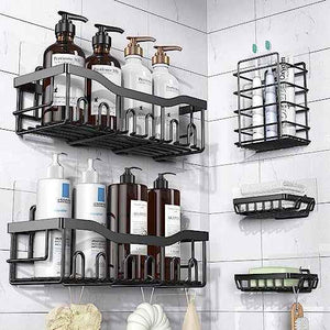 5 Piece Set Wall Mounted Bathroom Shelf Black Iron Bathroom Shower Shelves Kitchen Self Adhesive Metal Storage Rack