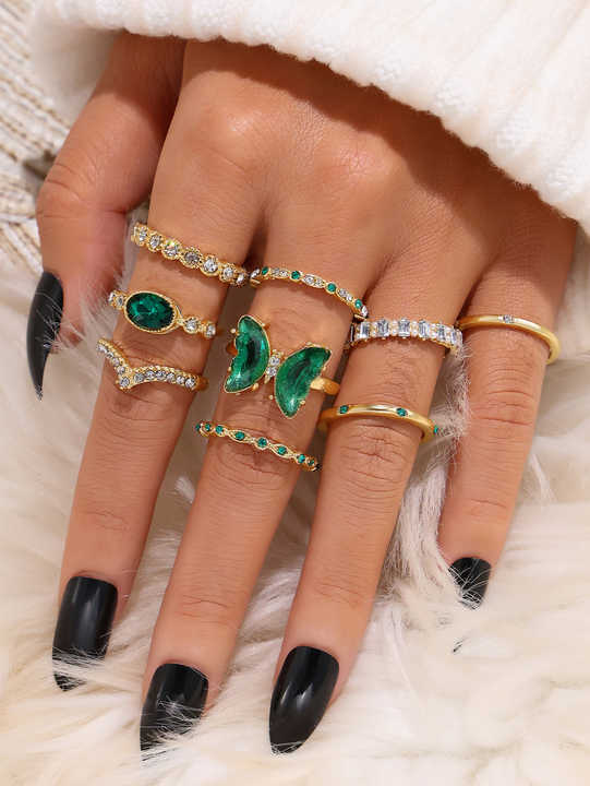 Fashion Green Stone Butterfly Snake Ring Set 