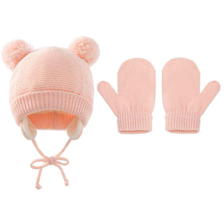 Thick Baby Hats with Double Pompom Kids Hats and Gloves 