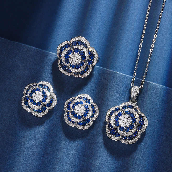 Luxury Blue Spinel Stone Bridal Wedding Fine Jewelry Set 