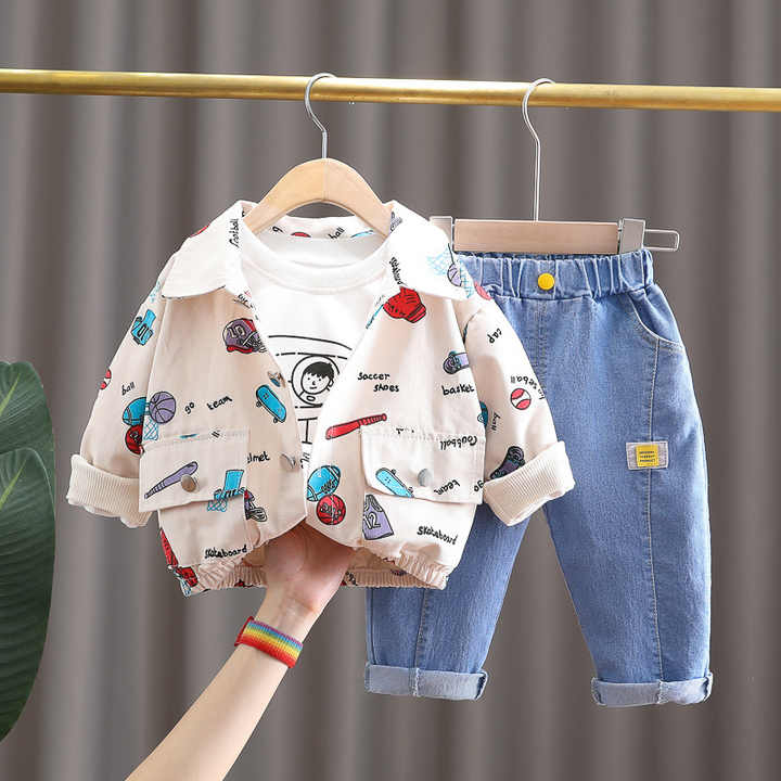 Boys' Pants Long Sleeve Suit, Cartoon Coat, Children's Three-piece Set 