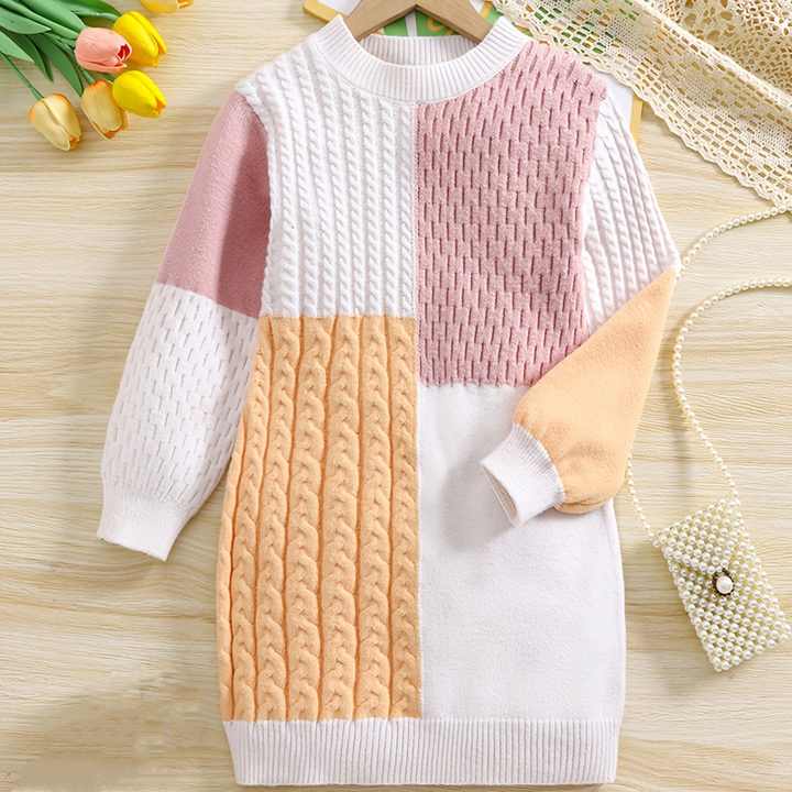 Casual Daily Outgoing in Spring ODM Supply for Children- Long Sleeve Patchwork Neck Knitted Dress