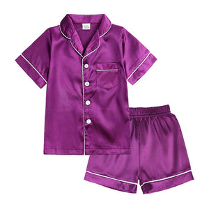 New Summer Casual Comfortable Sleepwear Boys Girls Sleepsuit Pajamas Set Soft Silk Solid Color 