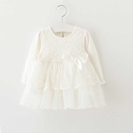 Year Baby Girl Birthday Dresses- Plain White Spring Kids Clothes with Sleeves