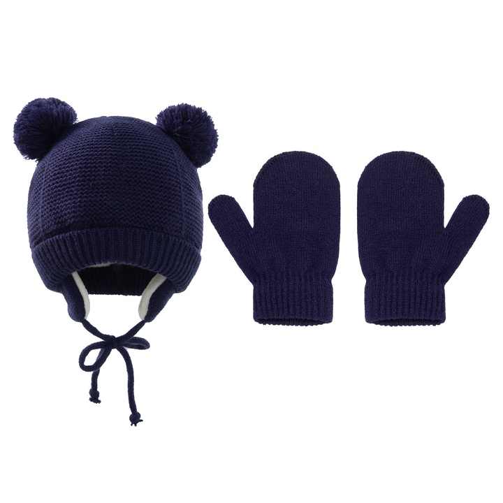 Thick Baby Hats with Double Pompom Kids Hats and Gloves 