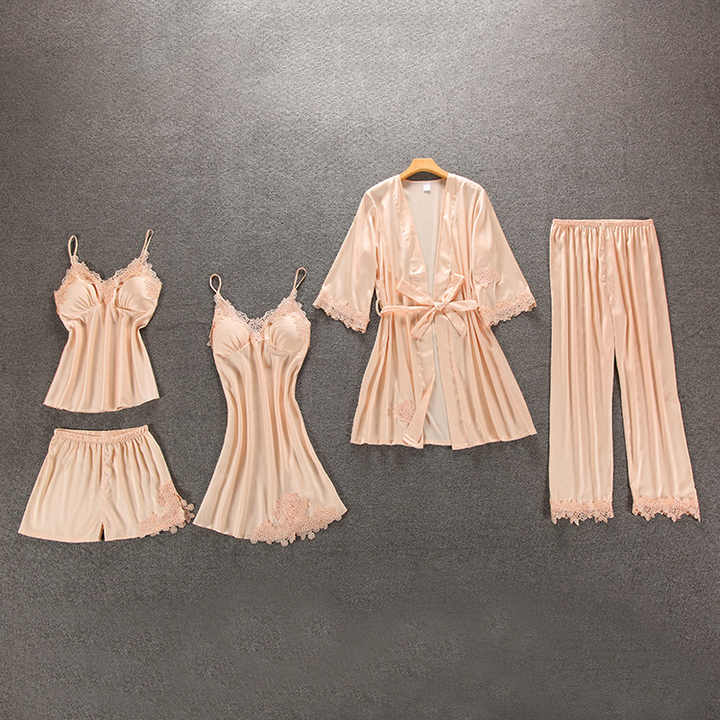 Women's Pajamas Sleepwear Nightgowns for Women Satin Robe 5 Piece Honeymoon Pajama Set 