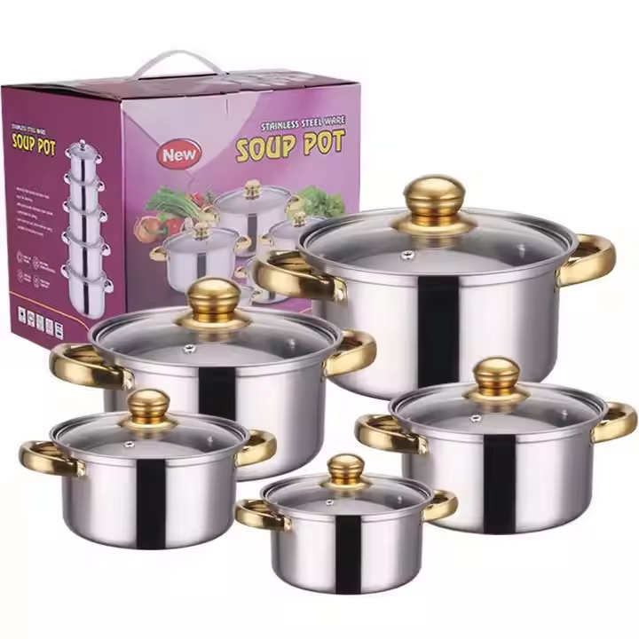 طقم أواني مطبخ من خمس قطع عالية الجودة من أواني حديد الزهر برتقالية مقبض ذهبي High Quality 5 Piece Cast Iron Cookware Set Orange Gold Handle