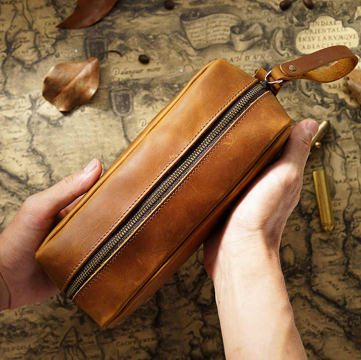 Crazy Horse Leather Pencil Bag Elegant 