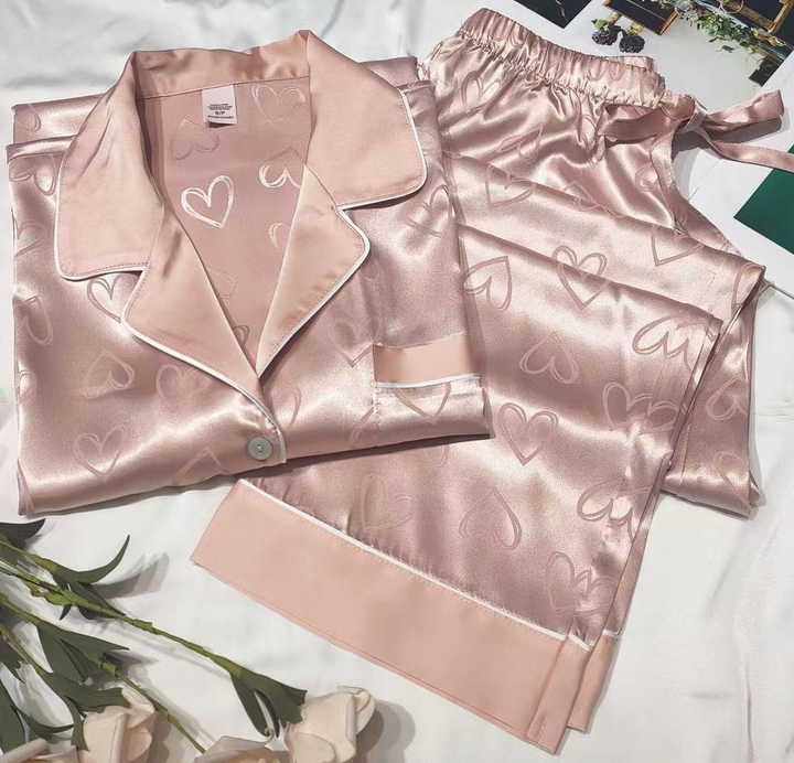 Women's Summer Sleepwear Long Sleeve 2 Piece Satin Pajama Set for Women 