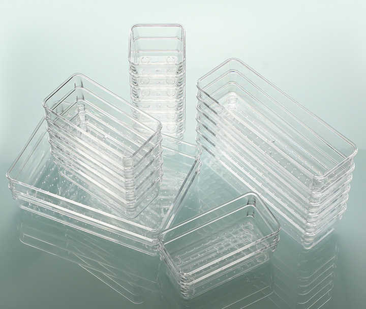 Durable, stackable, clear plastic storage box is space-saving and ideal for home and office organization. 