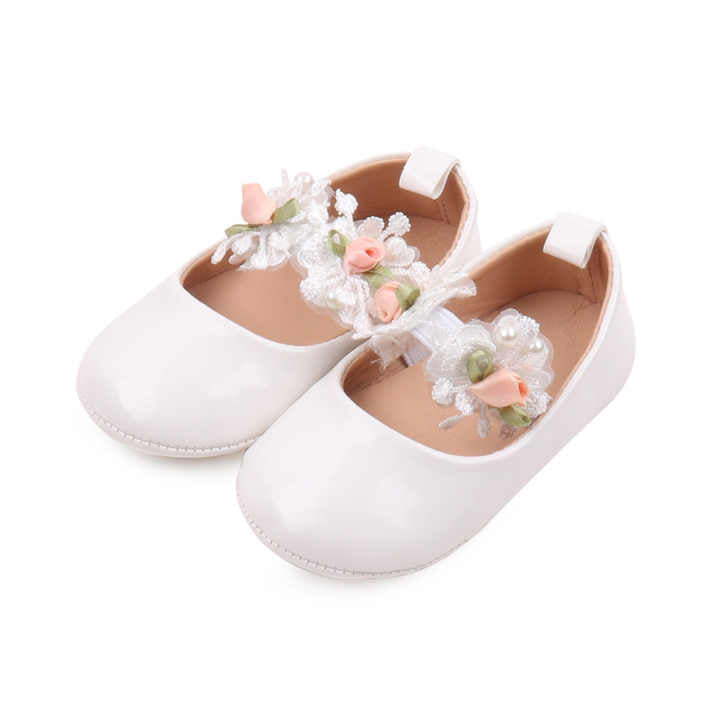 طفل الفتيات تصميم بلون واحد مع زهرة الدانتيل وأحذية الأميرة تنفس Baby girls solid color design with lace flower and breathable princess shoes