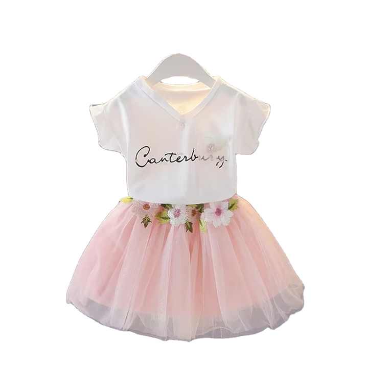 Summer girl Korean version cheap price pure cotton top + puffy skirt 2 pieces children's clothing set 