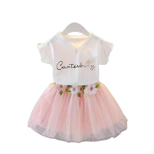Summer girl Korean version cheap price pure cotton top + puffy skirt 2 pieces children's clothing set 