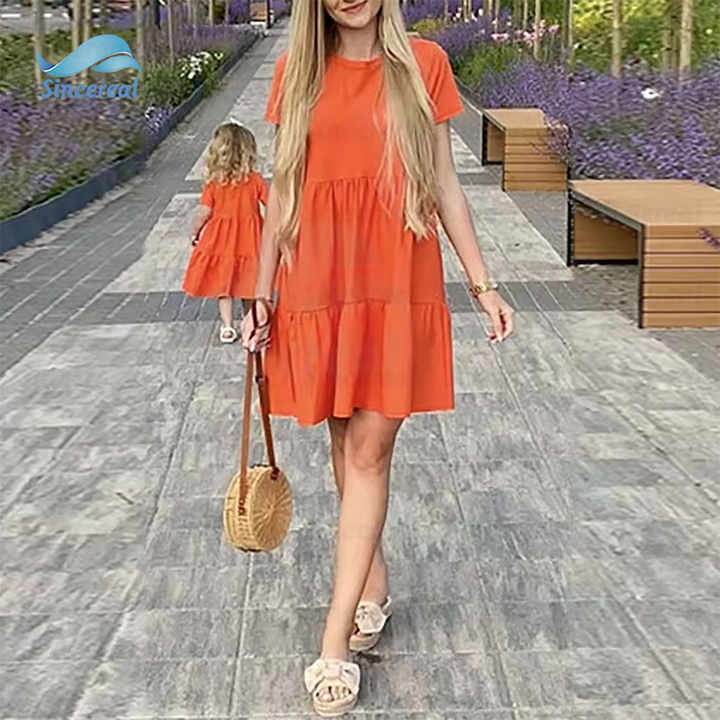 Custom Comfortable Stretch Elegant Summer One Piece Skirt Mother and Daughter Cotton Linen Family Matching Dress 