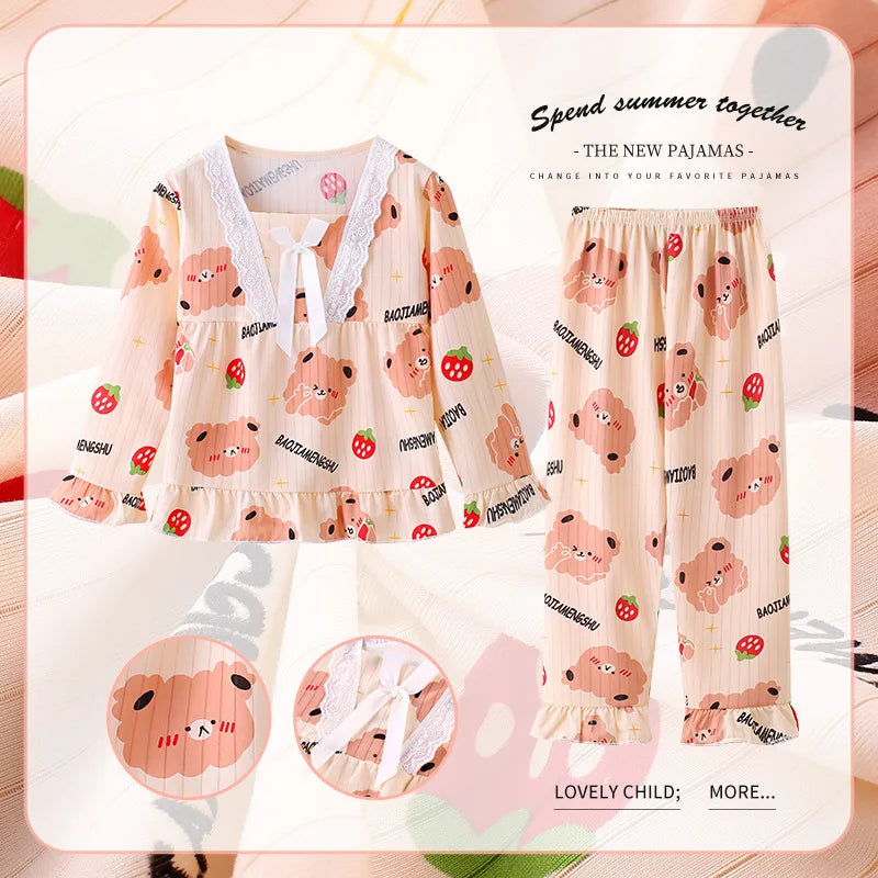 Spring Long Sleeve Pajamas Set, Princess Style Square Collar Pajamas, Cute Cartoon Print Thin Children's 