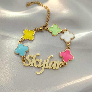 Kids Accessories Color Four Leaf Clover Name Bracelet Custom Initial Name Gold Plated 