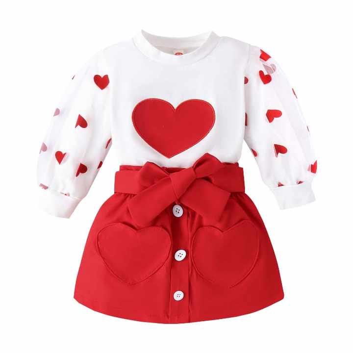 Elegant Red Heart Print Blouse + A-Line Skirts 1-5 Years Girls Valentine's Day Outfits Sets with Glasses Bag 