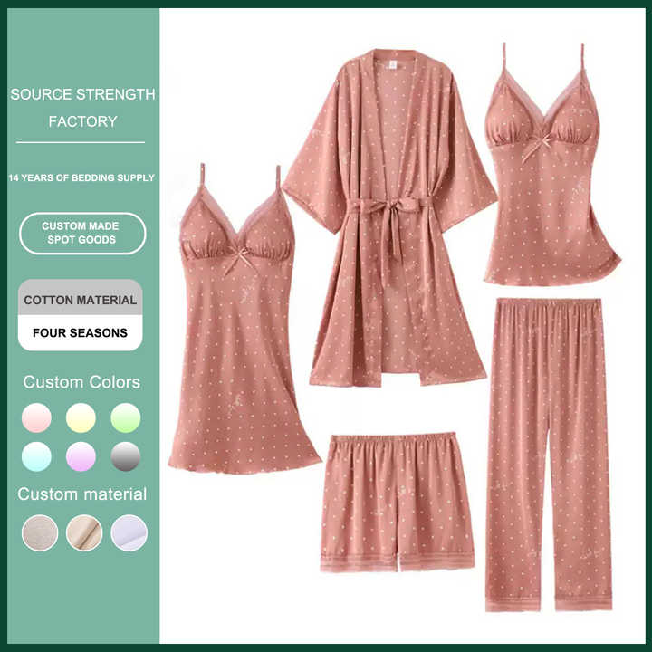 Women's New Five-Piece Imitated Silk Nightgown Suit Fashionable Home Wear with Smooth Nightdress for Sleepwearطقم نوم نسائي جديد مكون من خمس قطع من الحرير الصناعي، ملابس منزلية أنيقة مع قميص نوم ناعم لملابس النوم