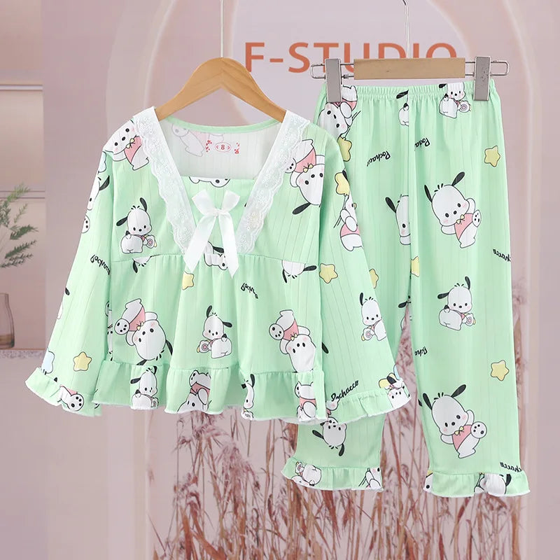 Spring Long Sleeve Pajamas Set, Princess Style Square Collar Pajamas, Cute Cartoon Print Thin Children's 