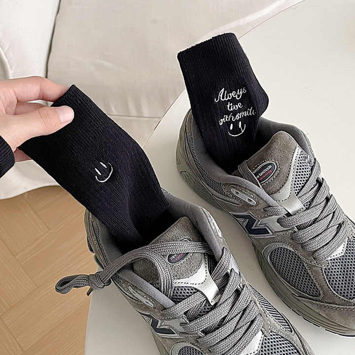 Smiley Face Embroidery Letters Crew Socks