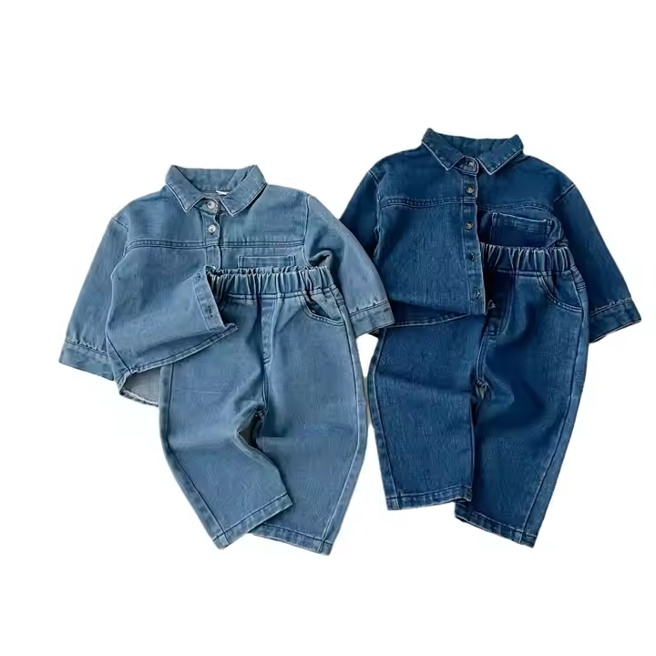 New Korean Boys and Girls Autumn 2 Piece Set Denim Suits Long Sleeve Shirt and Jeans 