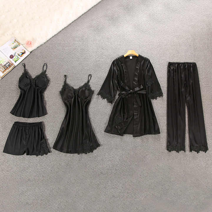 Women's Pajamas Sleepwear Nightgowns for Women Satin Robe 5 Piece Honeymoon Pajama Set 