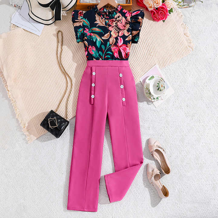 Korean Style Girls Rose Flower Clothes, Girls Color Matching Suit 